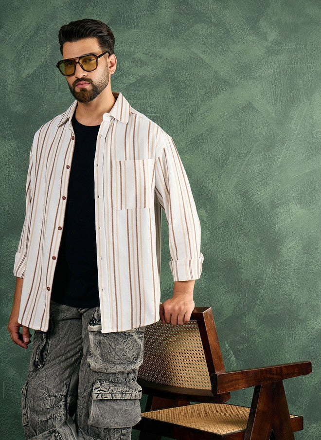 CHIMPAAANZEE Men Oversized Fit Vertical Striped Spread Collar Casual Shirt - Image 1